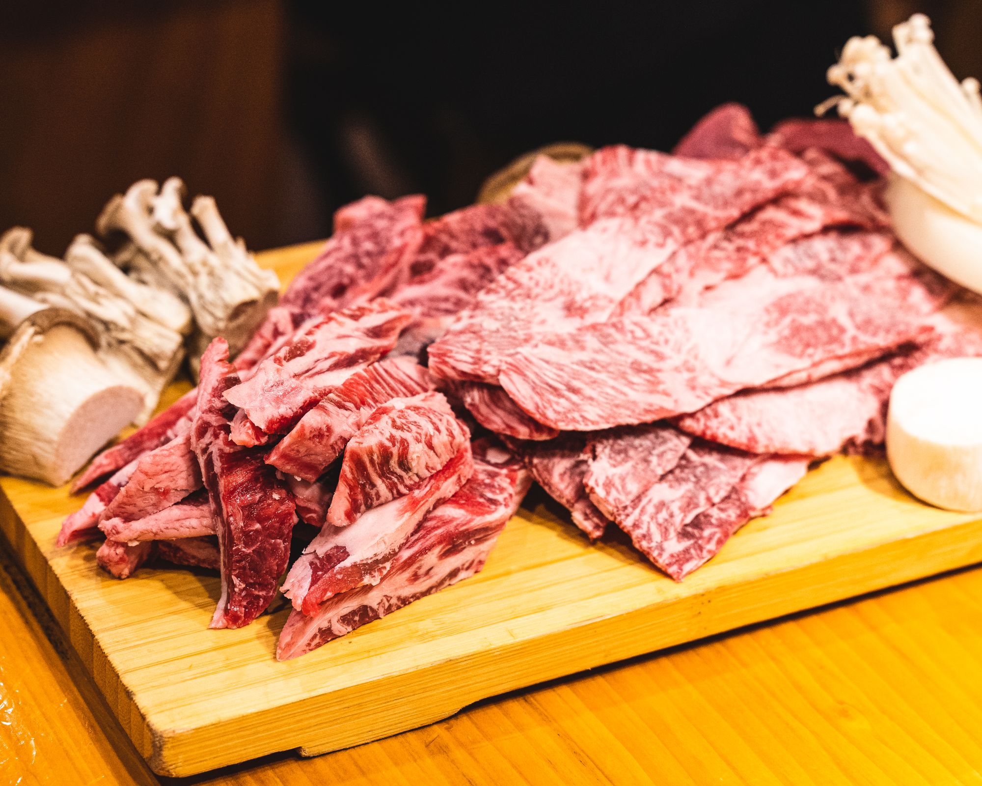 A platter of marbled raw wagyu
