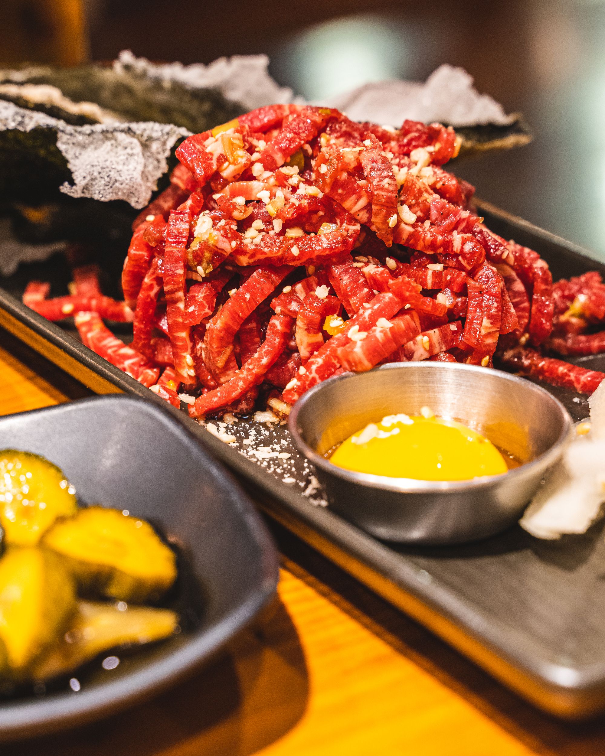 Close up of Korean beef tartare with a egg yolk