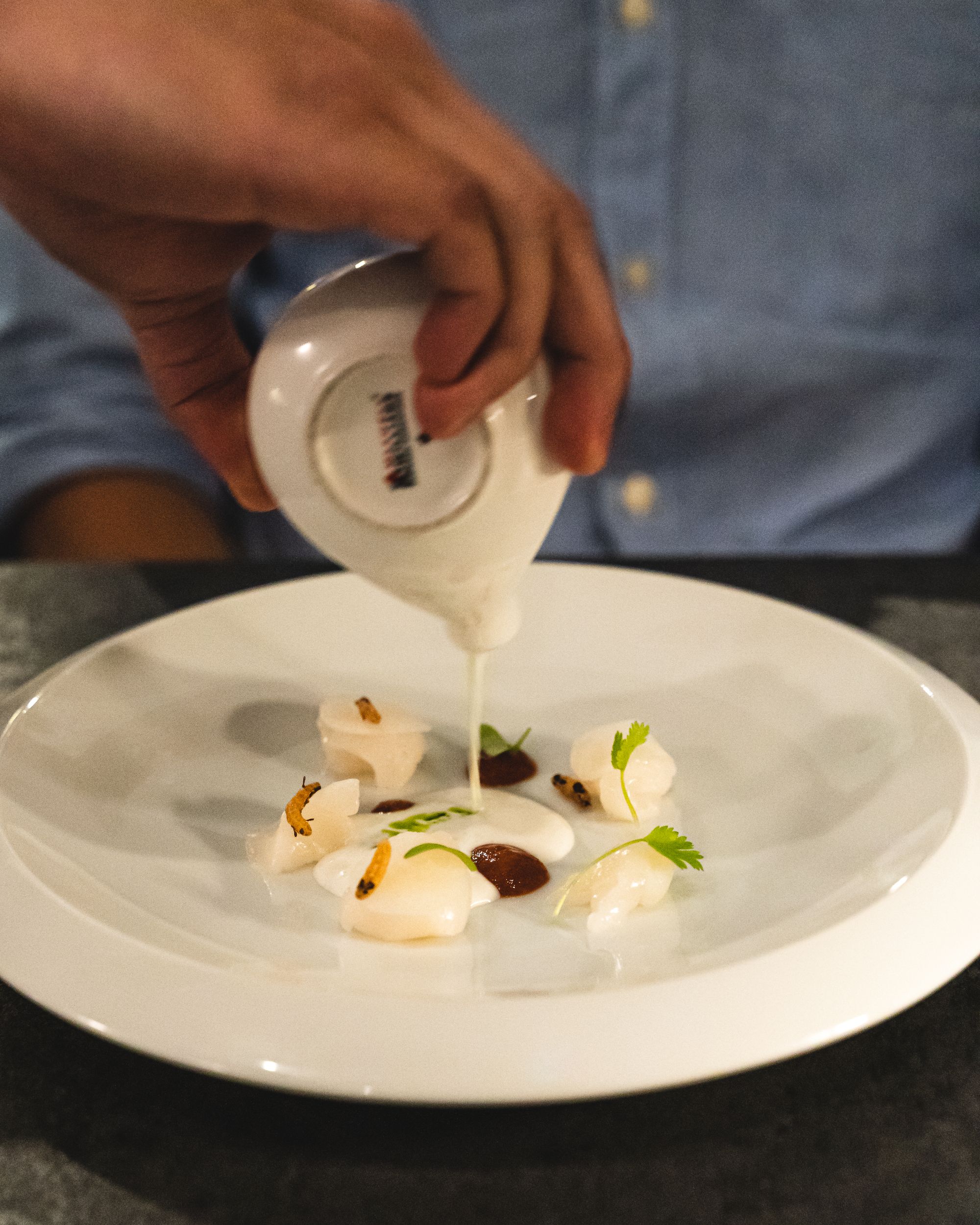 Sauce being poured onto a dish with scallops