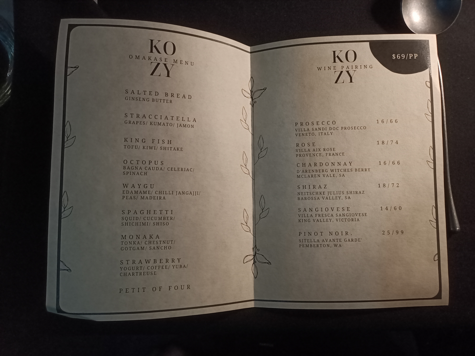 Kozy's omakase menu