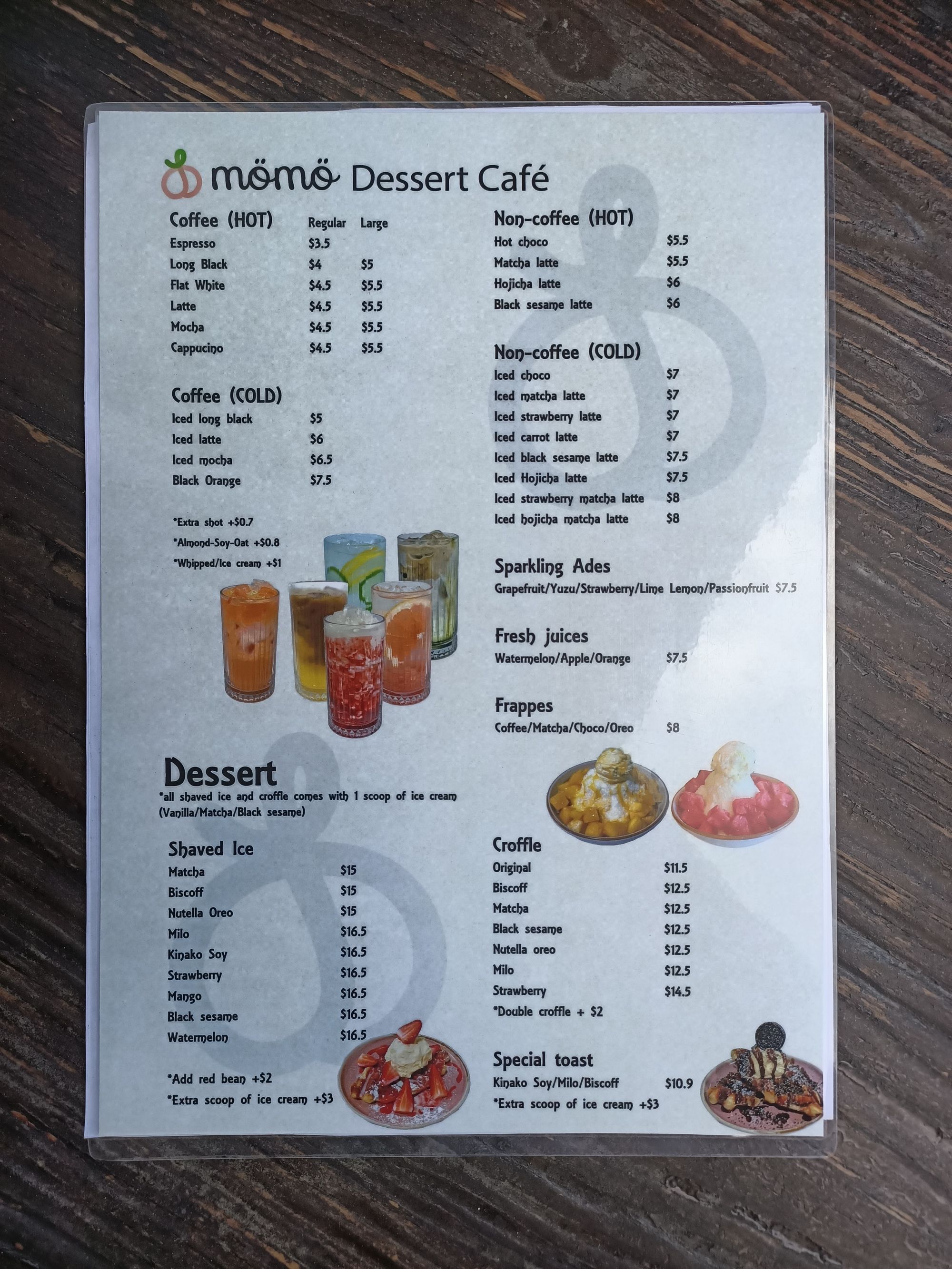 Momo Dessert Cafe menu - dessert and drinks