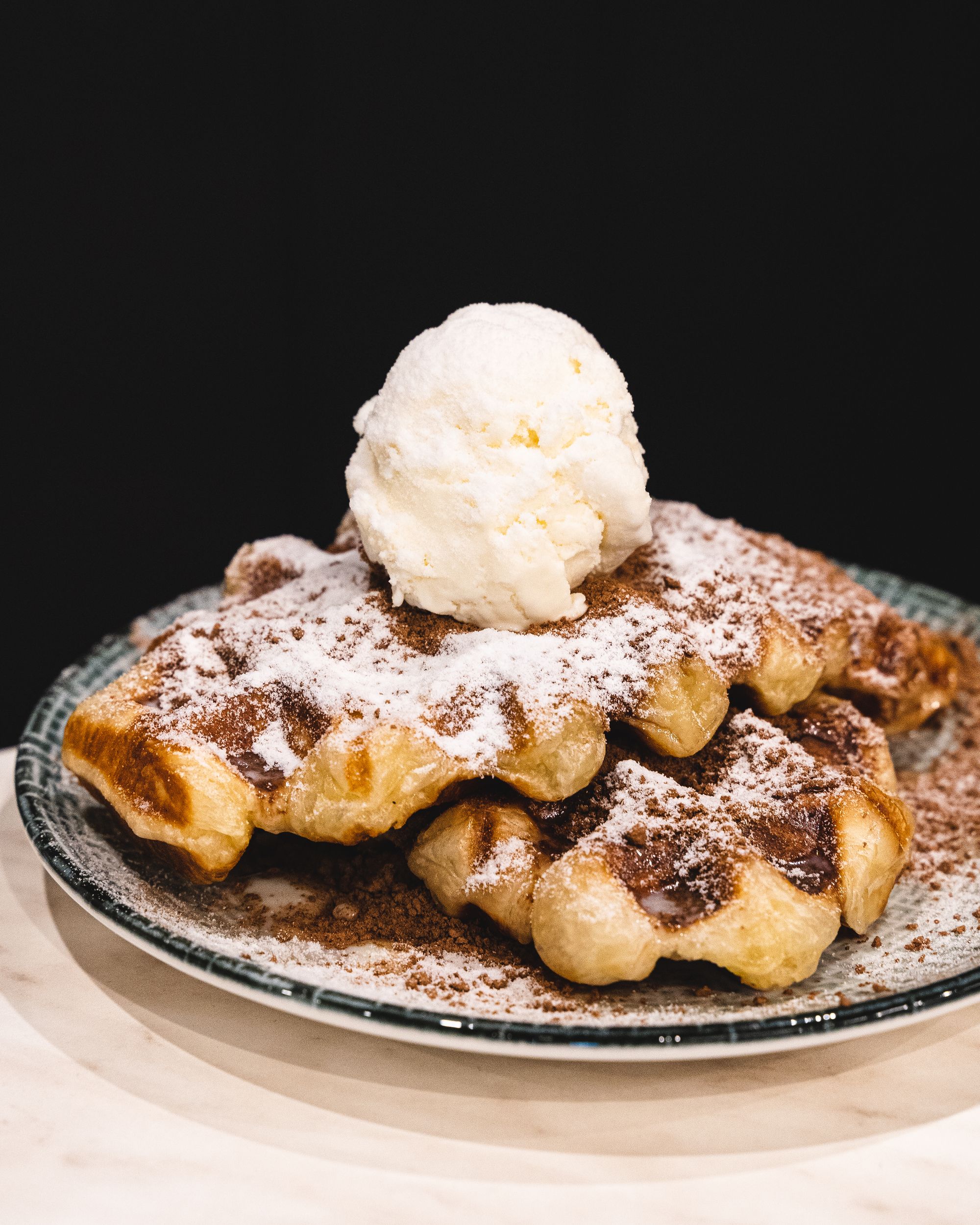 Milo and ice-cream on croissant shaped waffle