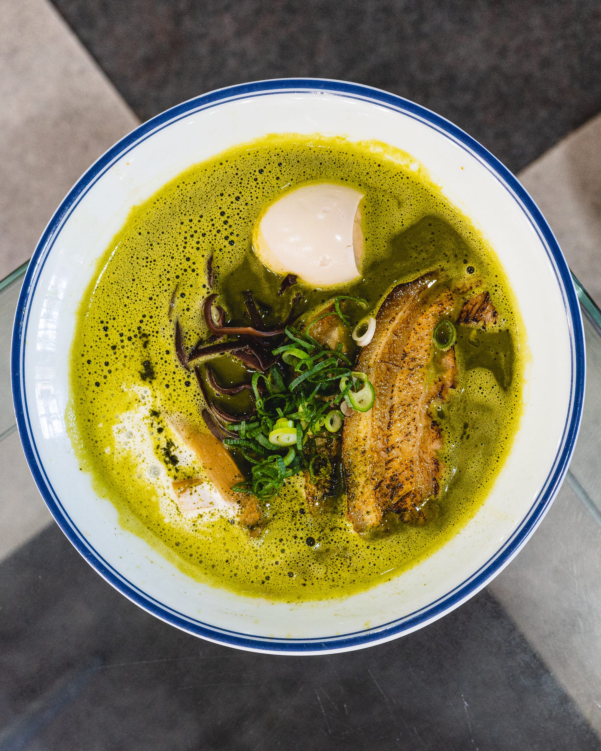 Top down shot of matcha ramen