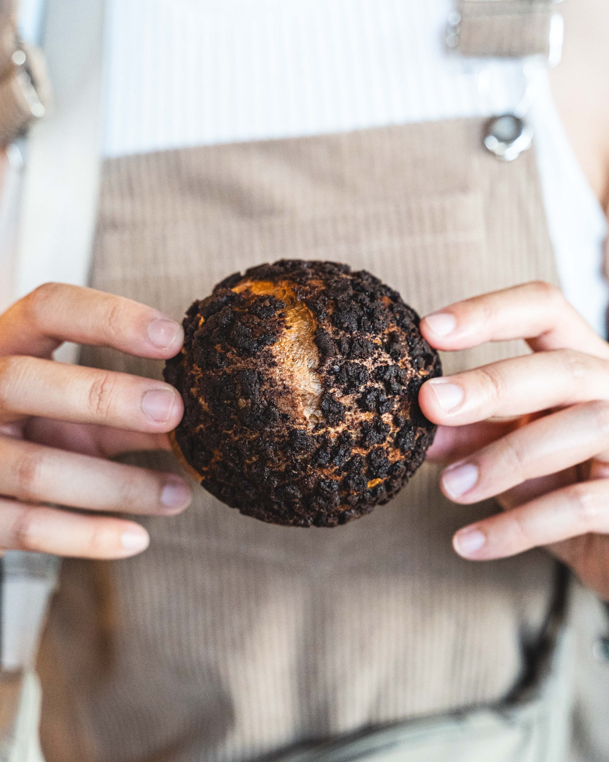 Hand holding a chocolate choux pastry