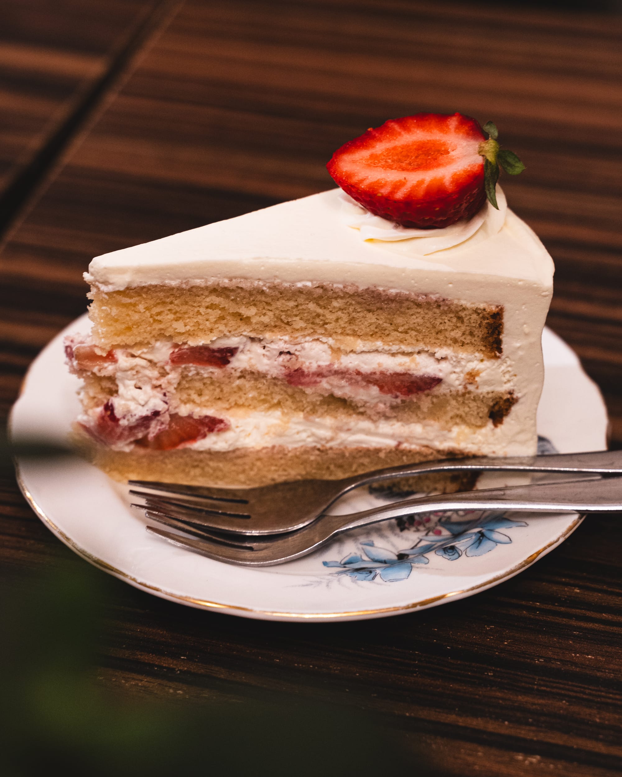 Close up of strawberry cake with layers showing