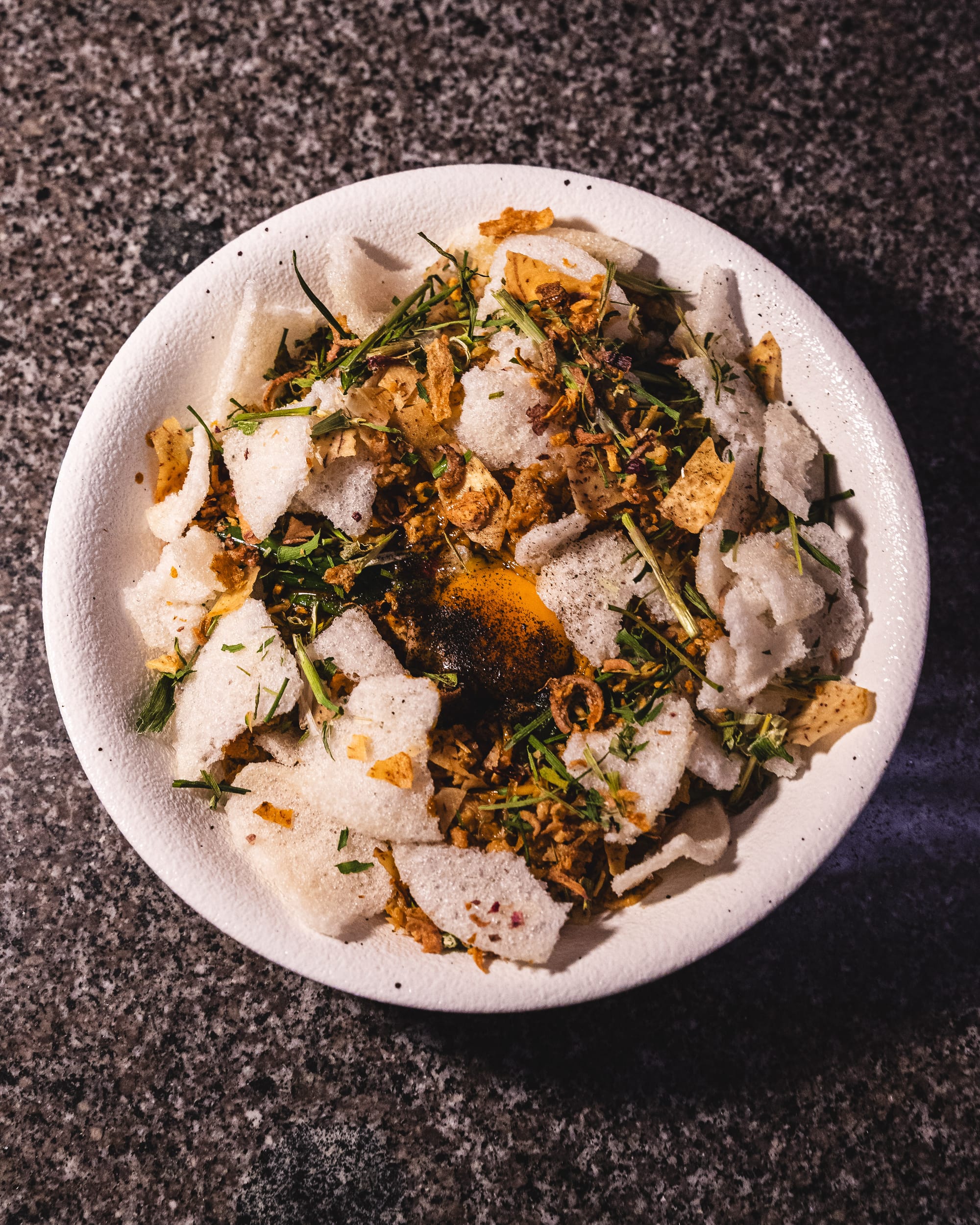 Pancit canton, blue swimmer crab, chillimansi & egg yolk