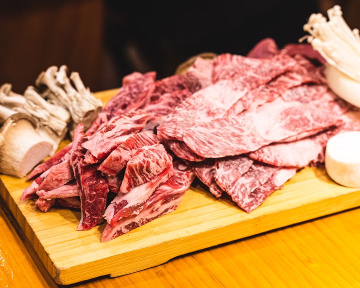 A platter of marbled raw wagyu meat