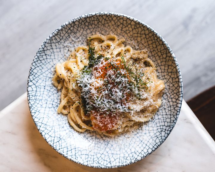 Overhead shot of pasta with salmon roe